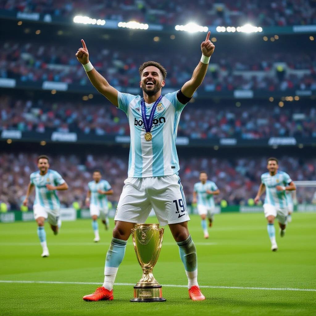 Soccer player celebrating victory with a trophy. Player wearing light blue and white striped jersey. Other team members celebrating in the background. Field and stadium filled with spectators.