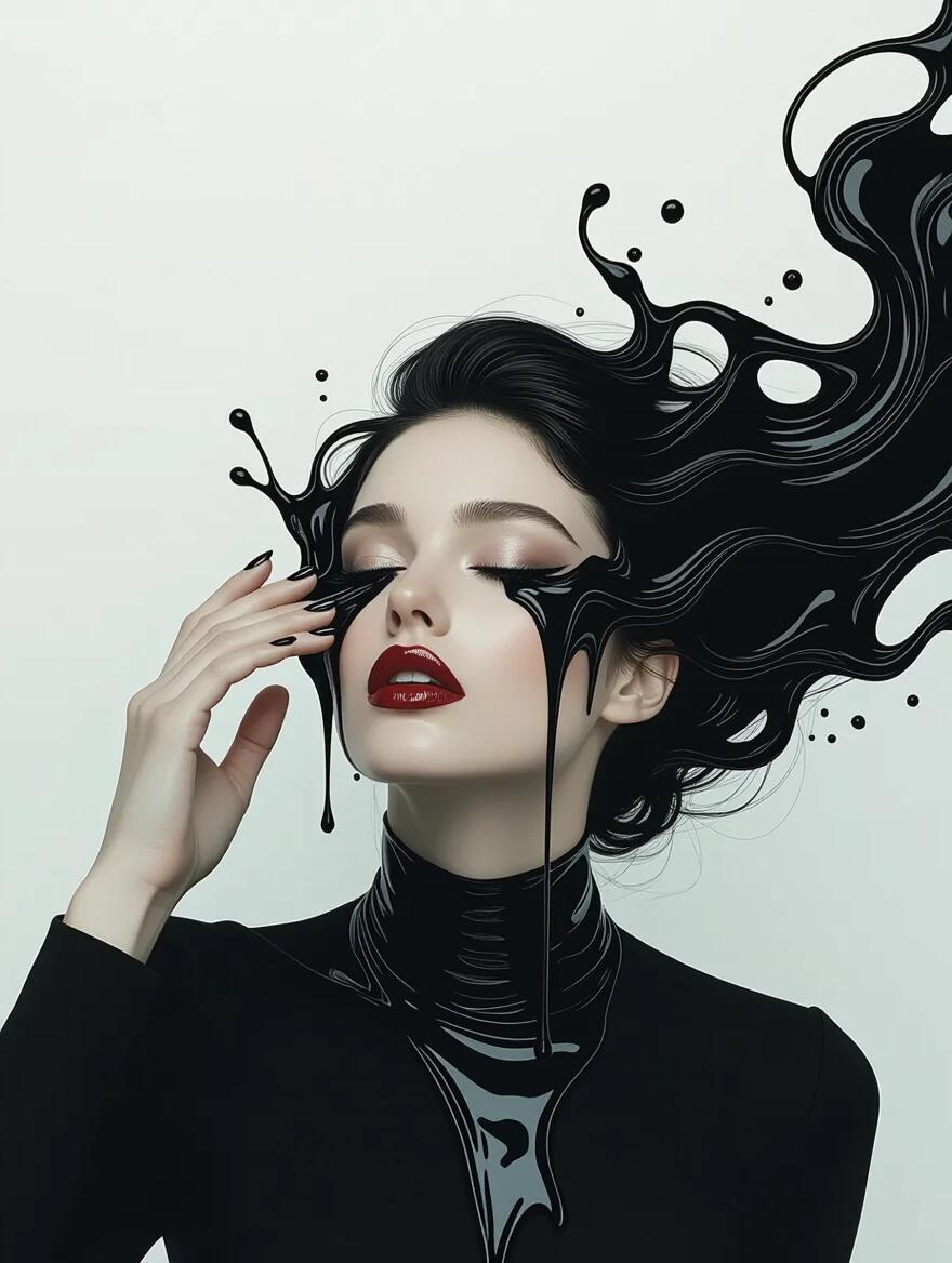Surreal portrait of a woman dissolving into black ink with ink dripping from her eyes and fingers. The subject is suspended mid-air with an abstract flow of dark fluid. The overall aesthetic reflects abstract expressionism and contains high-detail ink splashes. Soft skin texture is contrasted with dark fluid motion. A shallow depth of field enhances the visual storytelling with cinematic shadows and an ultrarealistic finish, shot using an 85mm lens with a f/1.4 bokeh effect.