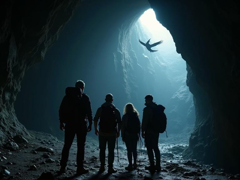Photo of four adventurers in a shadowy cave. Three mature men and one blonde woman stand together. They have backpacks and climbing gear. Their eyes are directed towards a high cave wall. A small bird of prey is outlined in metal. A chasm opens to the right, leading into darkness. The entire scene is enhanced by underground backlighting that adds depth and contrast.