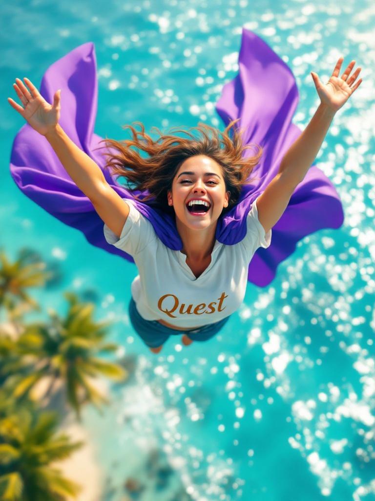 Average-looking chubby Spanish daycare teacher soars over Caribbean Sea. She wears vibrant purple cape and white shirt with the word 'Quest' in gold. Turquoise waves shimmer below with palm trees in the background. The scene conveys joy freedom and adventure.