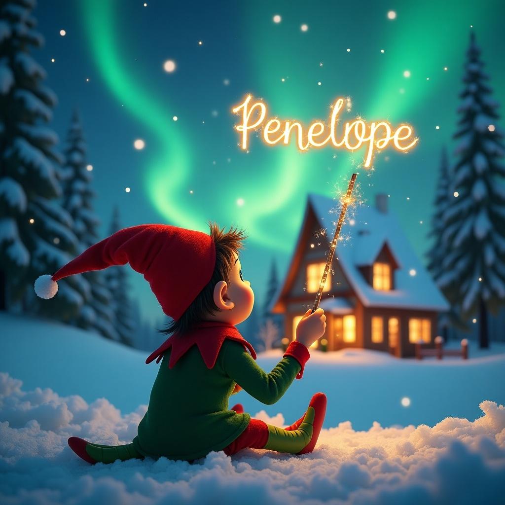 An elf sits with its back to the viewer, gazing up at the magical sky. It holds a glowing wand that emits sparkling lights. The background features a picturesque Christmas scene with colorful northern lights above. In the distance, a cozy house is decorated for the holidays, surrounded by snow. The elf embodies a playful spirit, bringing holiday wonder. It writes the name 'Penelope' in the air, adding to the festive charm.