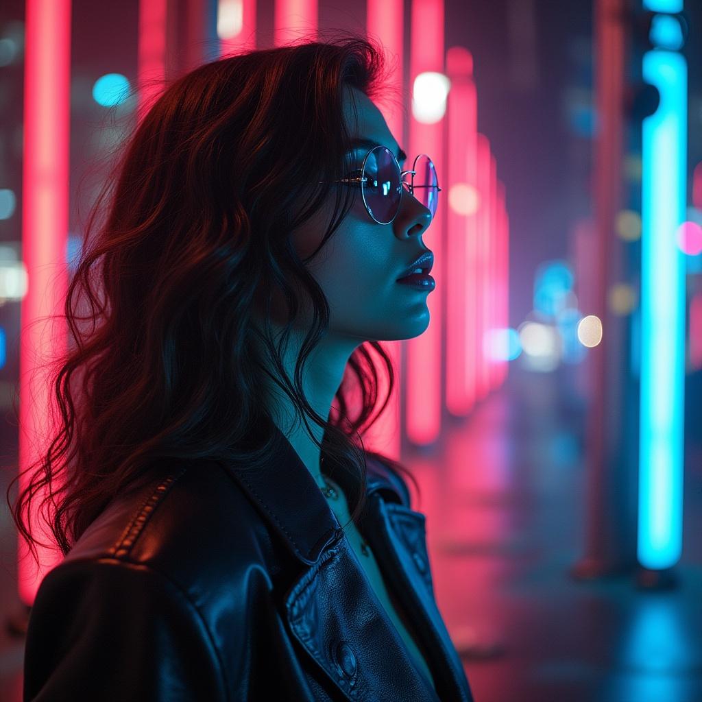 Raw photo depicting a stylish woman in sunglasses against a backdrop of neon lights. The atmosphere is futuristic and vibrant, representative of an EDM music album cover with the text 'Breathing Low'.