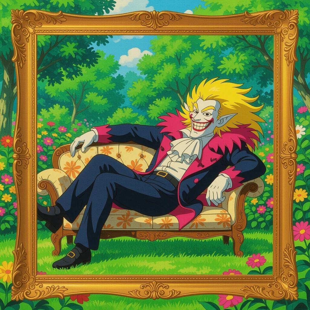 Breathtaking hand-drawn frame from a Studio Ghibli masterpiece. Enchanting open-air garden bursting with life and vibrant colors. Towering man reclines on an ornate sofa. Hair shimmers with golden highlights. Demonic smile with perfectly crafted teeth. Coat features detailed pink feathers shimmering in sunlight. Red-tinted glasses reflect miniature garden. Line of servants stands in stillness. Statues scattered in the garden catch light beautifully. Sky transitions from rich blue to soft hues. Clouds drift lazily casting gentle shadows. Sunlight bathes the scene in a warm golden glow. Every element renders with attention to detail from Studio Ghibli.