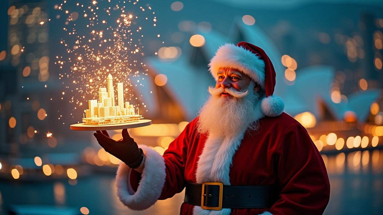 Aerial atmosphere shot showing Santa Claus holding a BIM model of the Sydney Opera House. Magical sparkles transforming into BIM models of city landmarks. Shot on Arriflex Alexa. Ultrarealistic style.