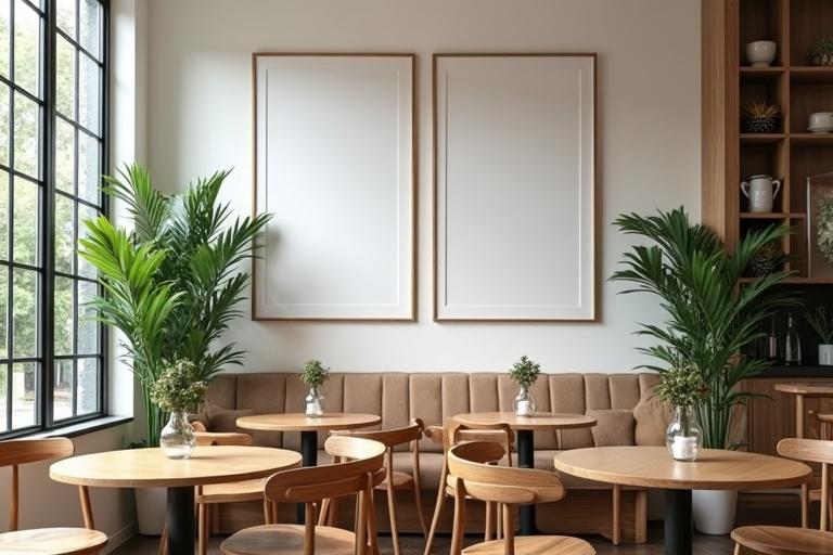 Café interior has inviting setup. Large windows allow natural light. Two empty frames on wall. Plants enhance relaxation. Classic wooden Italian tables and chairs create modern look.