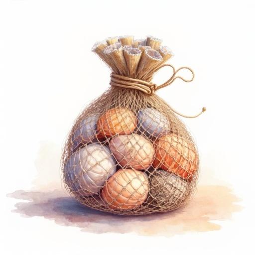 A knotted purse made of fishing net holds various shells. The design features watercolor techniques and pastel colors. Background is blank and centered.