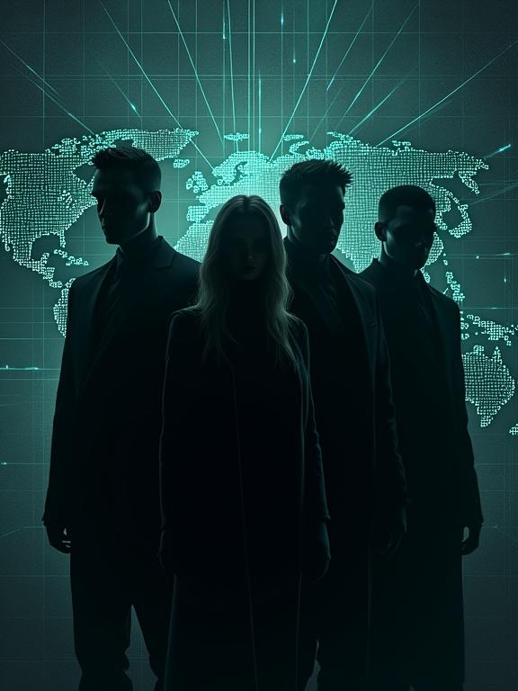 Espionage thriller book cover illustration with four shadowy figures (three male, one female) huddled together or back-to-back, set against a dark background with a glowing digital network. Covert mood with cinematic low-key lighting highlighting tech details. Color palette includes dark greys and glowing electric blue, teal, and green accents.