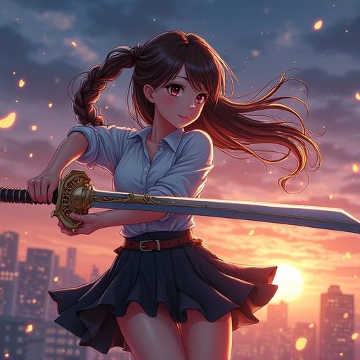 2D anime character in action stance gripping ornate sword. Realistic nighttime cityscape in background. Glowing sunset light with wind effects. Flowing long hair and intricate details. Sparks and speed lines depicting motion.
