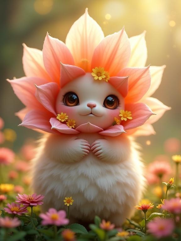 Charming creature with flower-like features. It has a round face with big eyes and a fluffy white body. Surrounded by pink and yellow flowers in a dreamy garden setting.