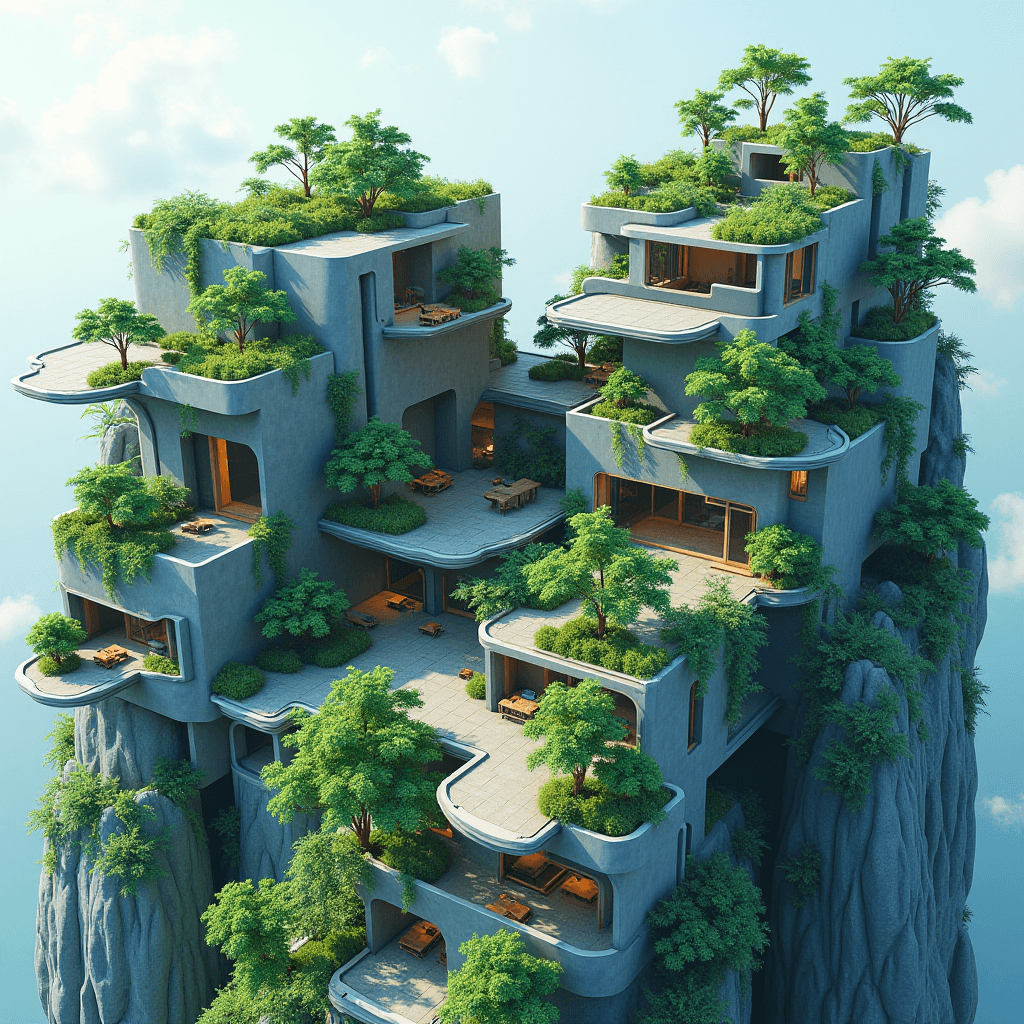 A modern building with terraces filled with lush green trees, perched on a rocky mountain.