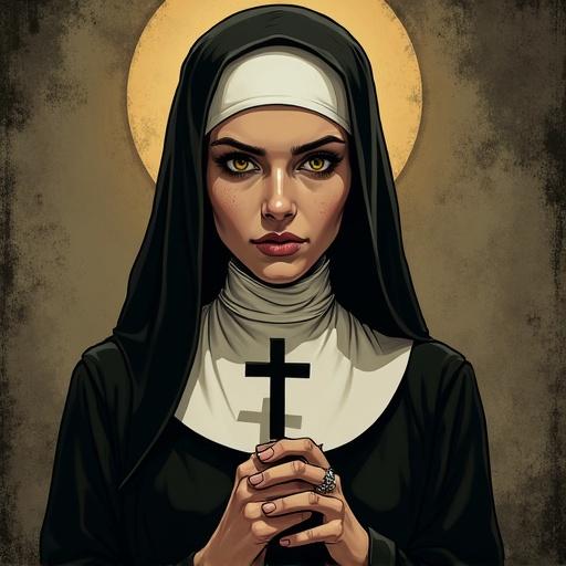 Comic-book-style digital illustration featuring a full-length portrait of a nun. The nun has a black cross. The artwork is non-photorealistic with a horror and dark fantasy aesthetic. It includes bold ink outlines, soft cel shading, rough texture, and artistic shading. The lighting is warm, resembling candlelight, with realistic textures.