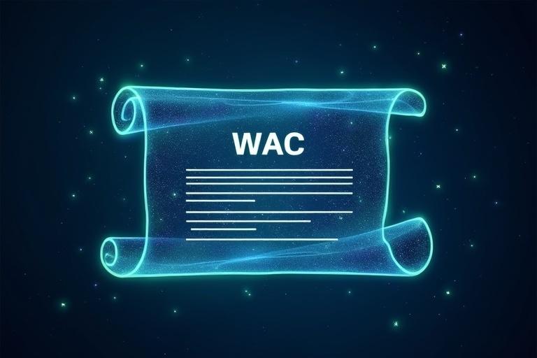 A dark blue starry background features a futuristic digital scroll. The scroll is semi-transparent and appears to unroll. WAC Rules is centered on the scroll with 12 glowing white lines. Surrounding the scroll are green and blue light effects to symbolize tech. 