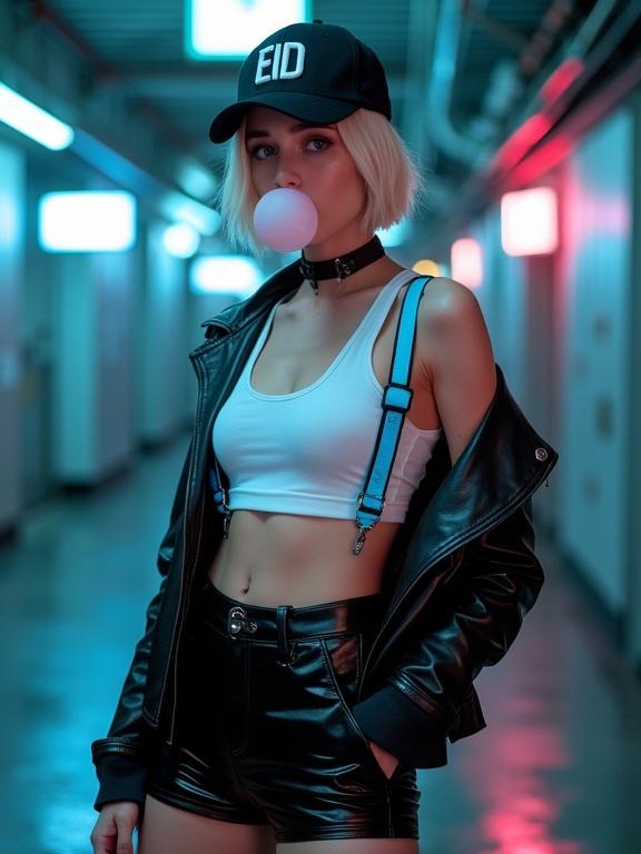 Photo of a young woman with a slender athletic build in a futuristic urban setting. She blows a bubblegum bubble. She wears a black cap with letters EID, a white crop top, a black leather jacket, and neon blue braces. Her shorts are black and shiny. The background features a dark corridor with neon lights. The lighting is artificial with neon tones. The camera angle is medium close-up and slightly low-angle. The depth of field is shallow. The composition has leading lines from the corridor to her. The image has high aesthetic quality.