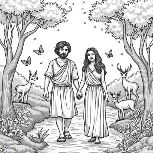 Black and white line art coloring page for children. Scene shows Adam and Eve walking through the Garden of Eden. Trees and flowers surround them. Butterflies fly around. Friendly animals like deer are in the background. Include the Bible verse highlighted in bubbly letters.
