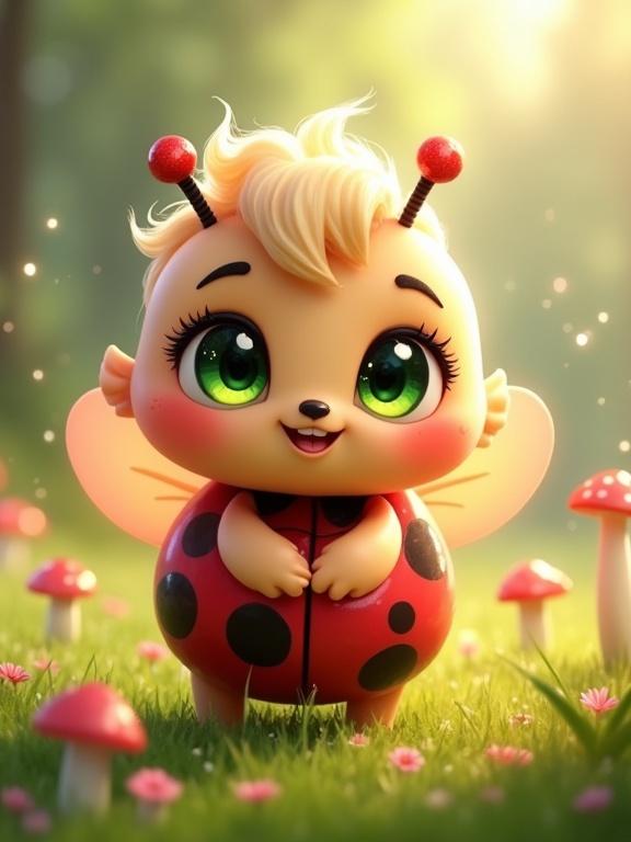 A cute creature resembling a ladybug stands in a vibrant meadow. It has a peach-colored face and large green eyes. The body is red with black spots and has translucent wings. The creature has light blonde curls and red antennae. The background features green grass, pink flowers, and glowing mushrooms.