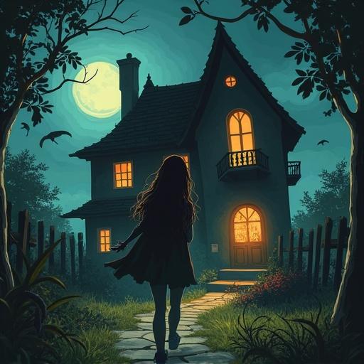 A girl walking towards a glowing house under the moonlight in a spooky setting. An anime-inspired scene with magical elements.