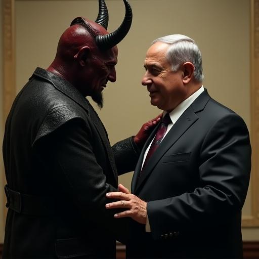 The devil consoles Netanyahu. They face the camera directly. The devil has a sinister look while Netanyahu appears calm. A fusion of political and metaphorical themes is depicted.