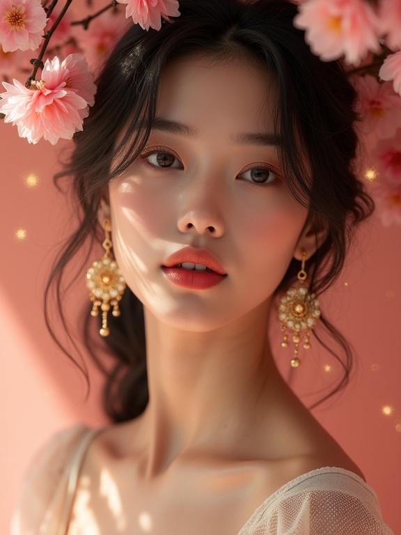 High-fashion beauty portrait of a young Asian woman in intimate close-up. Woman has luminous skin and striking features. Black hair styled in loose waves with face-framing pieces. Coral-toned lips and warm eyeshadow. Dewy complexion with subtle pink blush. Soft artificial lighting creates luminous effect. Background features pink cherry blossoms and gold sparkle effects. Ornate gold floral earrings add elegance. Warm color palette emphasizing coral and pink tones.
