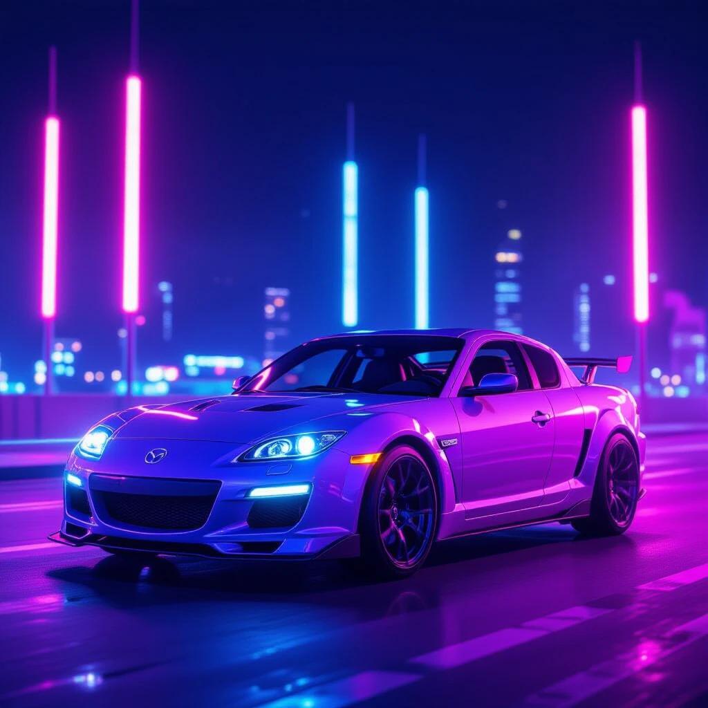 Mazda RX8 in a futuristic city setting Vibrant purple and blue neon lights Illuminated by vaporwave aesthetics Nighttime scene