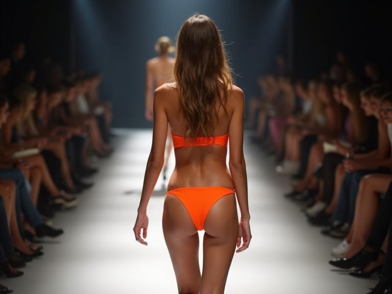 Rear view of a young Russian woman with light brown hair walking on a catwalk. She wears an orange thong bikini and black high heels. The scene depicts a fashion show atmosphere with an audience in the background.