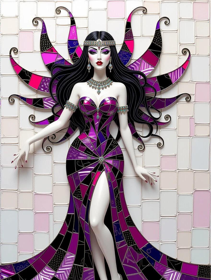 This artwork features a full body figure with a stunning mosaic dress in pink and black. The background consists of iridescent ceramic tiles. The figure represents a femme fatale with an ethereal quality. The dress showcases intricate details in a whimsical style reminiscent of famous artists. The overall composition exhibits a vibrant color scheme and rich textures.