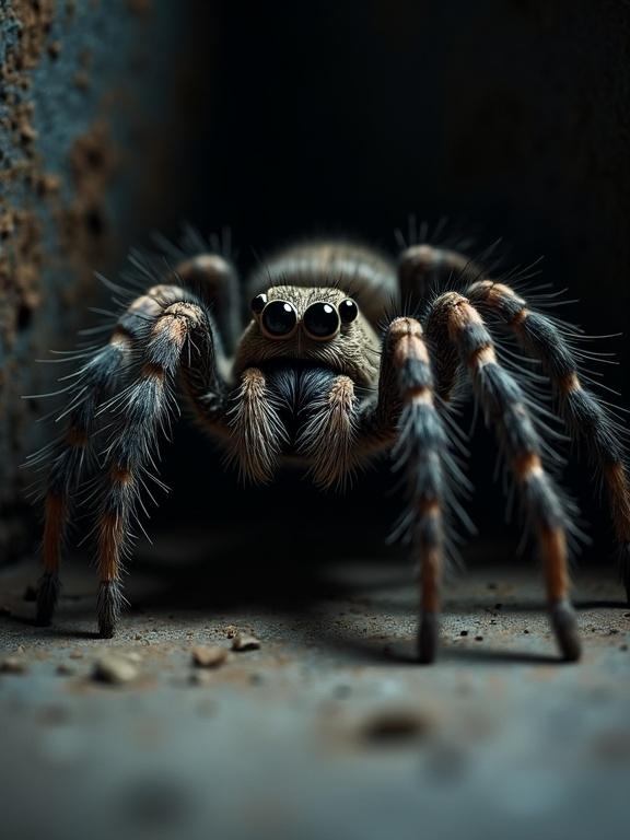 Large spider with big eyes and hairy legs lurking in a dark corner. Dramatic shadow creates a spooky atmosphere with playful elements.