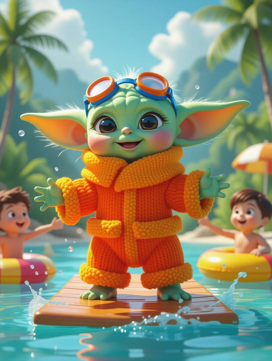 3D Baby Yoda crafted from fluffy vibrant yarn pom poms. Joyful expression in bright orange swimsuit. Colorful swim goggles. Standing on a diving board. Surrounded by splashing kids and inflatables. Vibrant style scene. Detailed textures with dynamic lighting. Inspired by expressive character designs and whimsical storytelling.