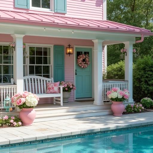 Bright sunny day view of a light pink and white cottage. Cottage has windows with shutters and flower boxes. Wide wrap around porch views swimming pool. Pink roof. Light aqua door features light pink rose and white hydrangea wreath. Large pink flower pots hold pink roses and white hydrangeas. Two foot tall light aqua lanterns with candles. Twinkle lights adorn wreath. Inside lights visible. White swing has light pink rose print pillows.