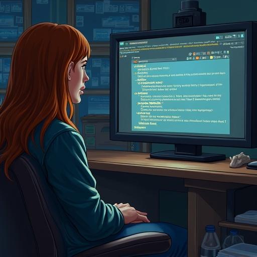 A person is focused on a computer screen. The screen shows coding text and messages related to software updates. The environment has a tech workspace feel with shelves of items in the background. The person appears to be engaged in troubleshooting an issue with a UI update.
