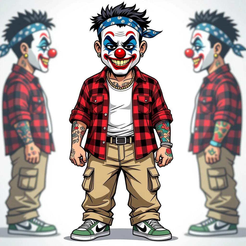 Cholo-style clown inspired by Homies figures. Short stocky build with exaggerated proportions. Baggy khaki pants oversized plaid flannel shirt white tank top Nike Cortez shoes. Clown makeup white base exaggerated black eyebrows red nose teardrop under one eye mischievous grin. Bandana on head or from pocket tattoos visible on arms and neck. Standing pose centered. Stylized like a vinyl figure clean and crisp.