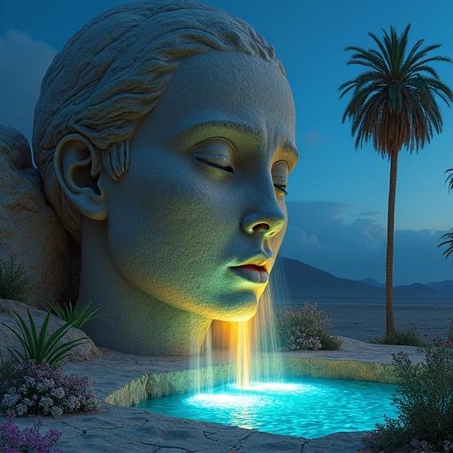 Massive stone statue of Mother Nature in a cracked desert. Crying bioluminescent waterfalls from her eyes into an oasis. Surrounded by palm trees and flowers at night. Photorealistic artwork with hyper-detailed features and vibrant colors.