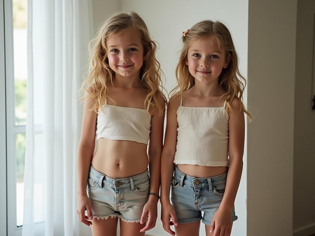 Two young girls stand side by side. They wear matching crop tops and denim shorts. The setting is bright with natural light. The girls have long wavy hair and are posing confidently.