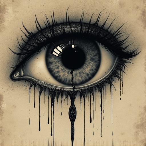 Icon with a cracked eye featuring a third vertical pupil. Eye weeps black tears. Tears dissolve into psionic runes. Cracked iris symbolizes obsession with prophecy. Third pupil indicates deeper sight into the apocalypse. Tears hint at duality of mourners and heralds of the end.