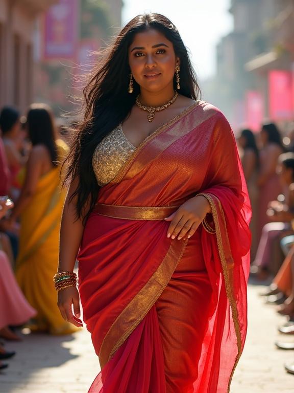 A portrait of a plus size woman walking with long black hair styled in pigtails. She wears a high fashion Indian bridal saree in a vibrant mix of colors. The saree features a deep v-neck design showcasing her curves. A lively background includes a fashion show stage and an audience. The atmosphere is cheerful in bright daylight.