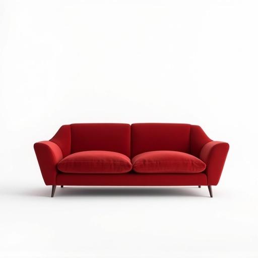 A luxurious modern couch in deep red color on a white background. Design is minimalistic with clean lines and low-profile silhouette. Soft lighting creates subtle shadows beneath the couch. Scene is spacious, uncluttered, sleek and elegant.
