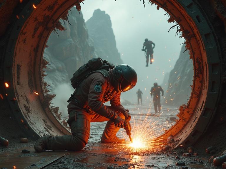 A dynamic pose captures a male engineer in a dusty spacesuit welding a breach in a collapsing spacecraft. An alien presence looms as this action scene unfolds from a unique perspective below. The image is inspired by visuals from Gears of War and Mass Effect.