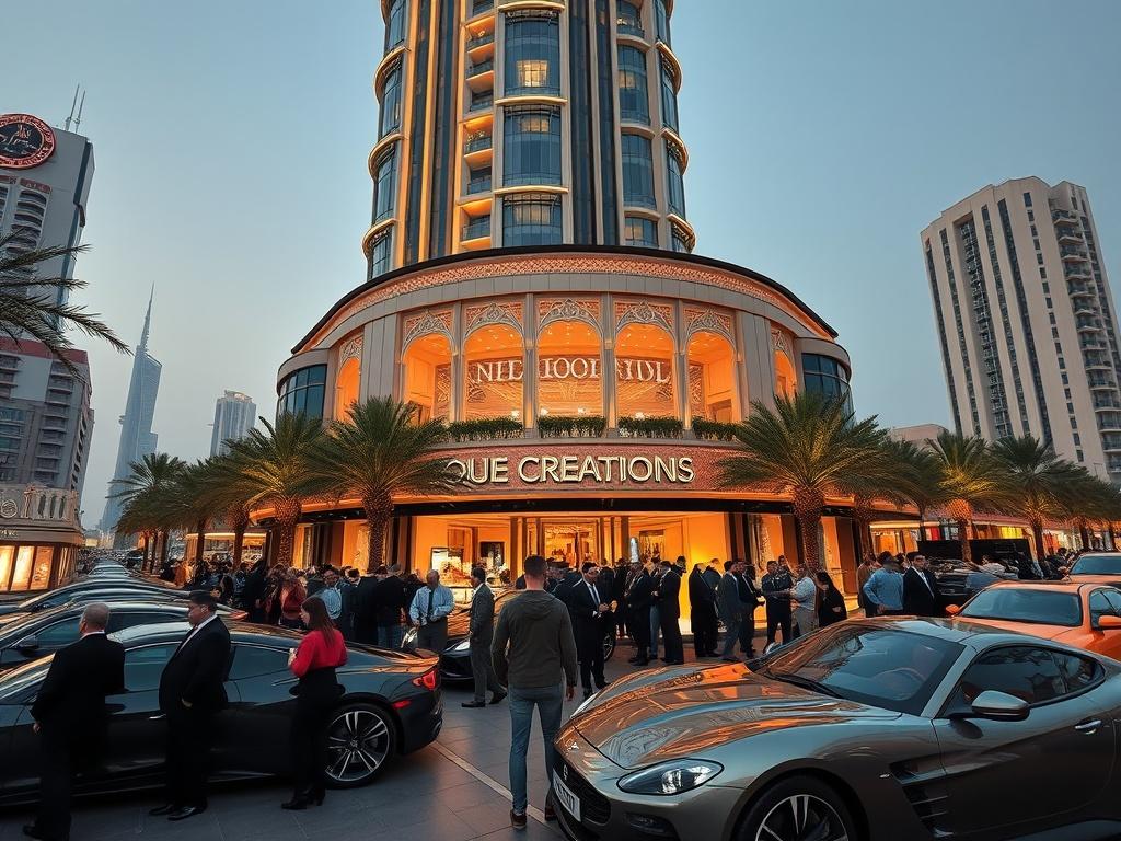 A bustling crowd gathers around sleek luxury cars in front of a grand, illuminated building with palm trees and tall skyscrapers in the background.