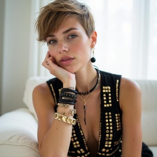 Young woman with short stylish pixie cut sitting on white couch. Right hand under chin, thoughtful expression. Fair skin and light freckles. Wearing black sleeveless top with geometric gold and black bead design. Multiple bracelets on left wrist. Simple black bead earrings. Subtle makeup with dark eyeliner. Bright background with soft blur, highlighting her style.
