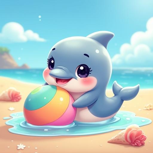 Cartoon-style baby dolphin the size of an adult human. Huge sparkling anime-style eyes. Chubby body with pastel colors. Tiny fins. Face has a sweet smile with rosy cheeks. Balancing a colorful beach ball on its nose. Water splashing around it. Background is a sunny cartoon beach with soft sand and oversized seashells.