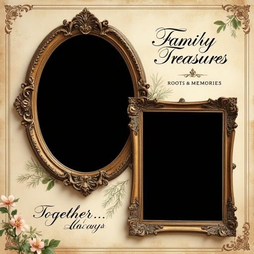 Square-format family-themed photo collage in classic style with two image areas. Top-left oval frame with baroque carvings. Bottom-right rectangular frame with woodgrain texture. Background is warm cream with scrollwork patterns. Includes phrases ‘Family Treasures’ and ‘Together Always’.