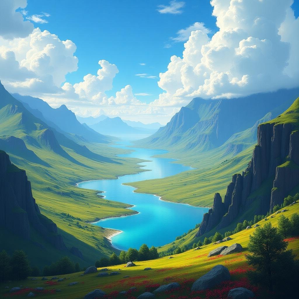 Stunning artwork of a vast landscape with rolling hills and pristine waters. Daylight creates dynamic shadows on lush terrain. Towering clouds and distant peaks enhance the grandeur.