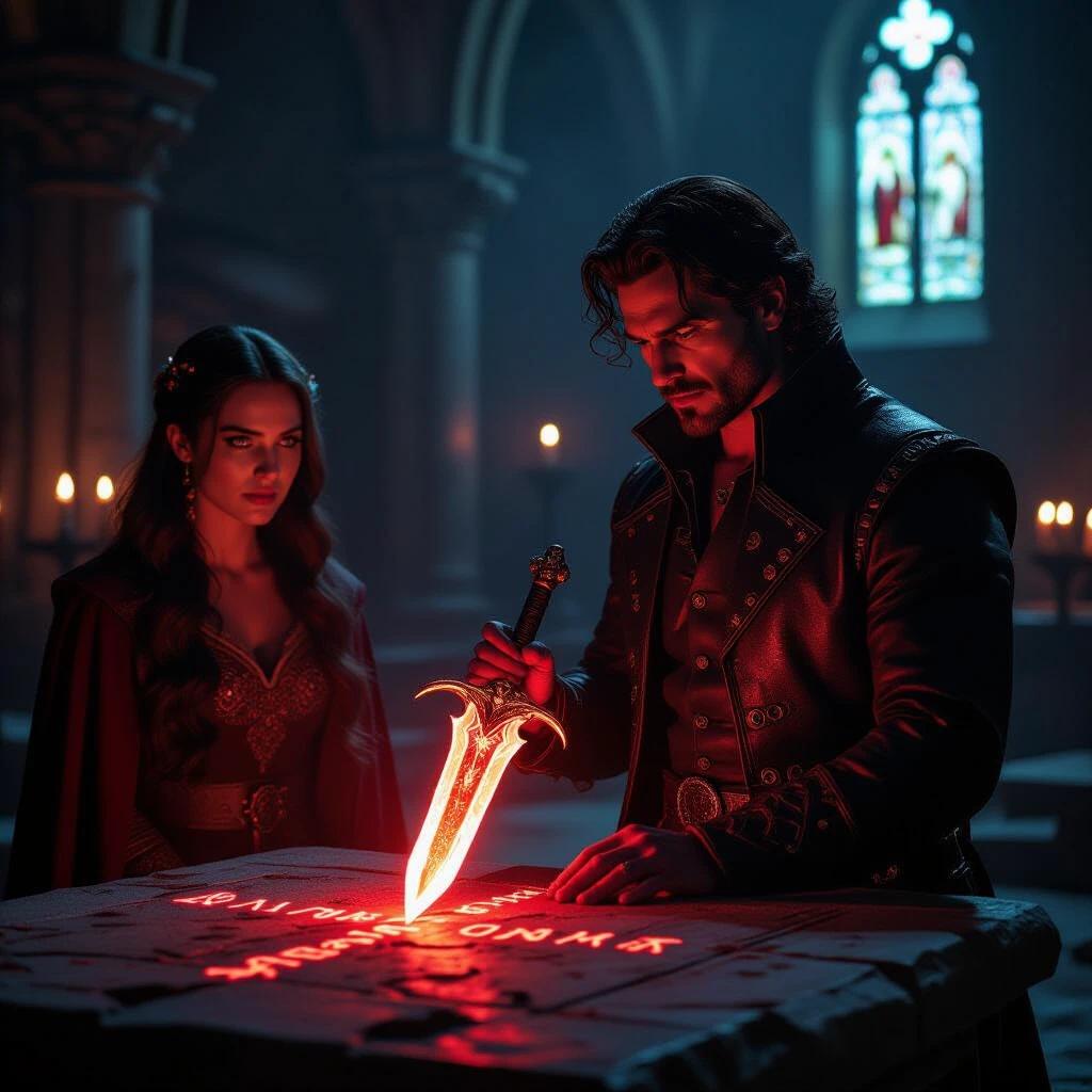 Gabriel Del Toro inserts a glowing crossblade into a stone altar. Lena Voss watches by torchlight. Ancient sigils glow red. Eerie cathedral light creates a mystical aura. The setting has an atmospheric feel. There is a focus on the glowing relic.