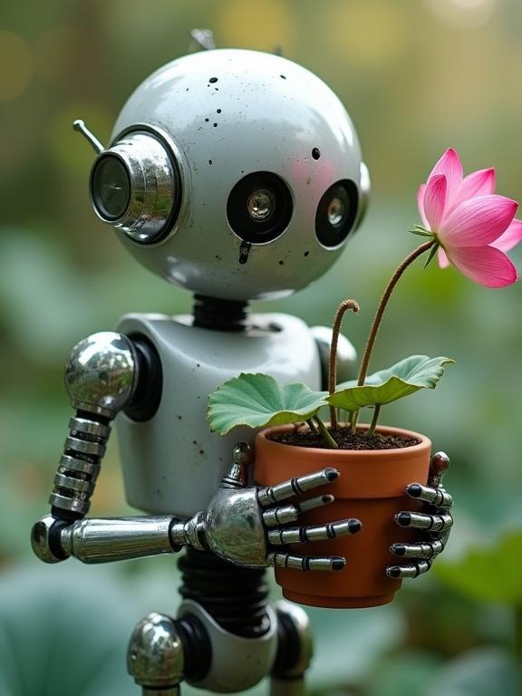 A sad robot holds a plant pot with a wilted lotus flower. The robot has a chrome tear on its cheek.