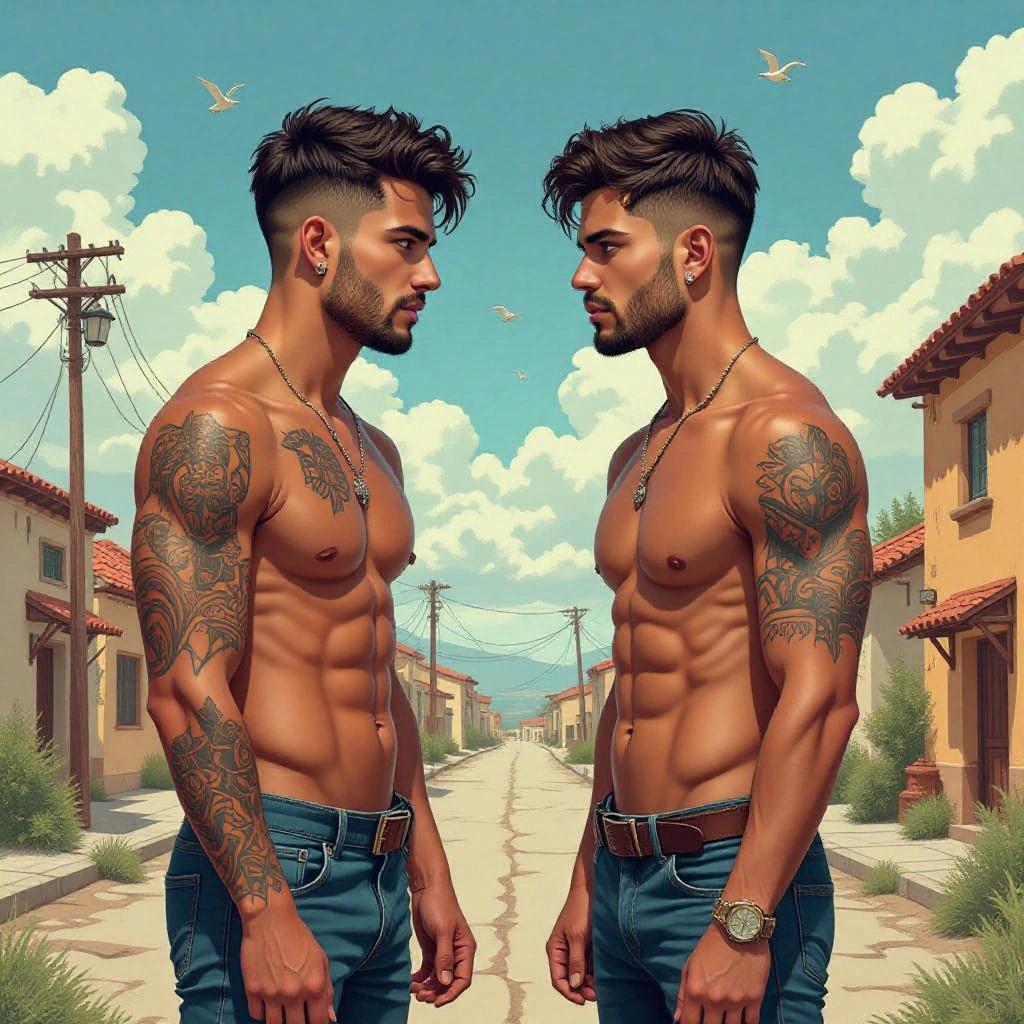 Semi-realistic illustration of two opposing friends in a fantasy urban landscape. One man has short dark hair and tattoos; he is athletic. The other is thin with brown eyes, simple appearance, and no tattoos.