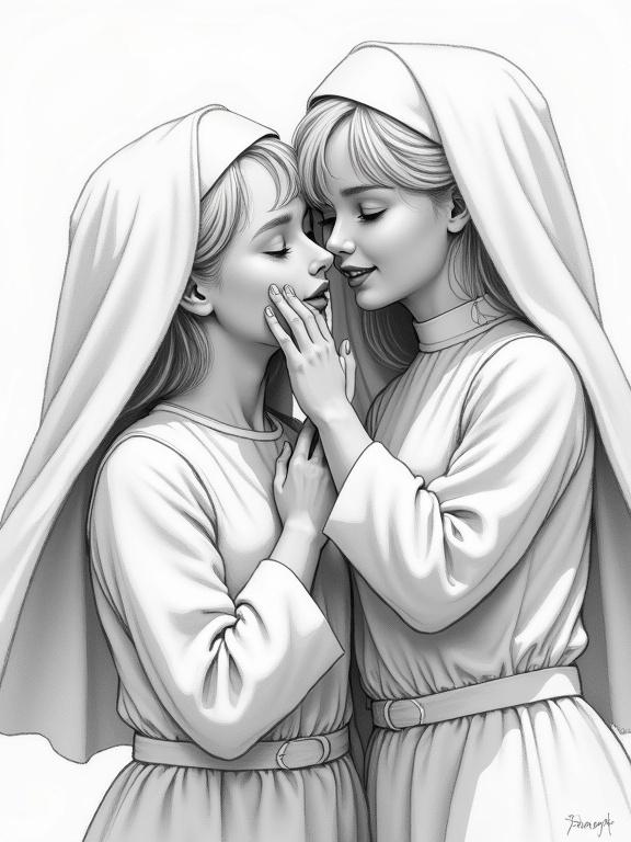 Two young beautiful nuns are engaging playfully. They wrestle while laughing. The image is a pencil drawing in the artistic style of Adam Hughes.