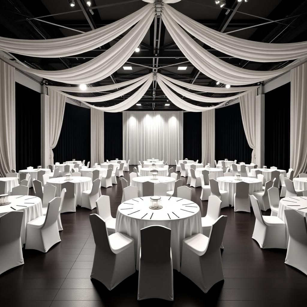 This image showcases a large, elegant banquet space designed for formal events. The room features multiple round tables covered with shimmering white tablecloths, each elegantly set for dining. Black drapes frame the space, enhancing the sophisticated atmosphere. Overhead, white fabric drapes create an inviting ceiling design. The lighting is bright yet soft, creating a warm ambiance suitable for weddings or gala events.