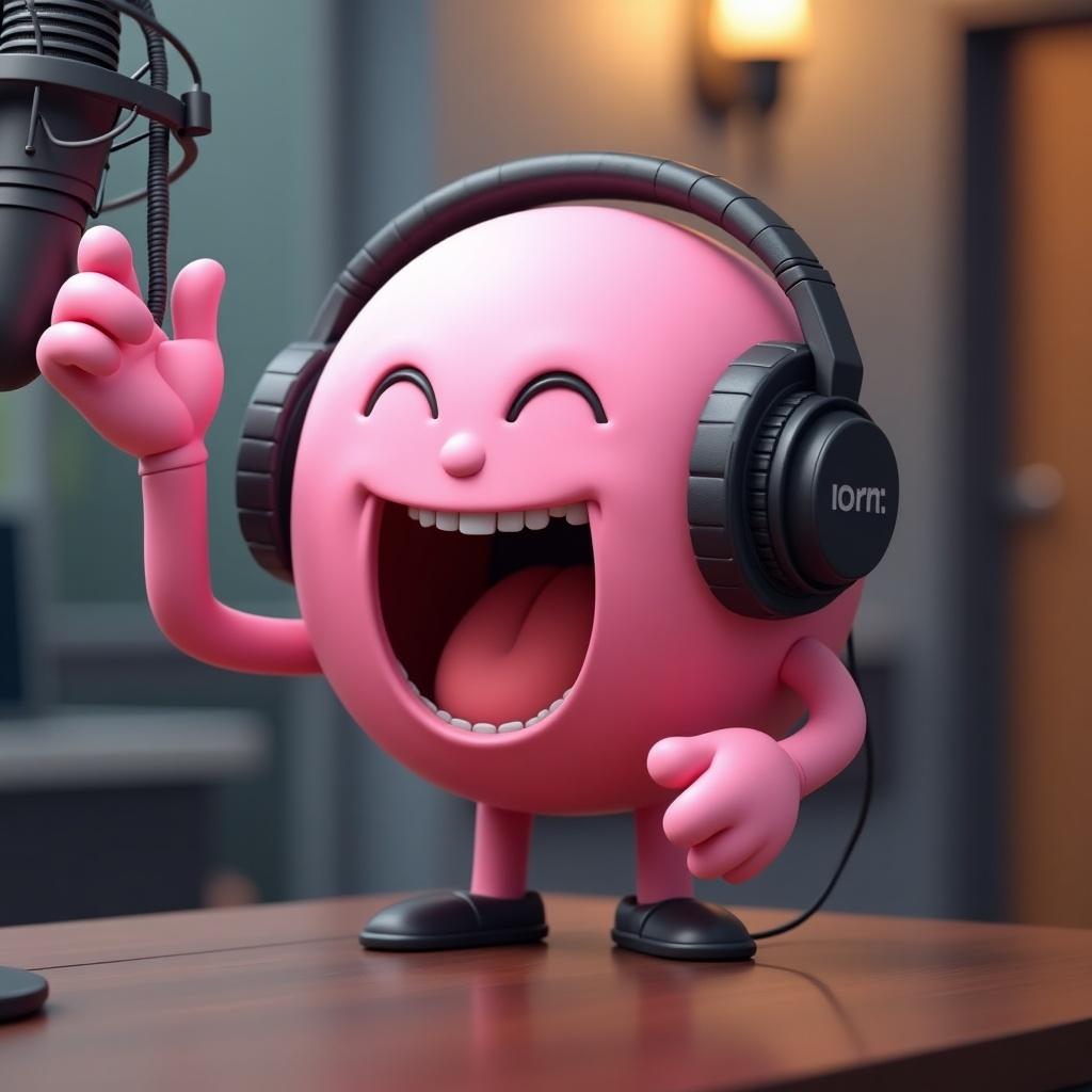 A pink emoji with a joyful expression is wearing headphones and enthusiastically talking into a microphone. It stands in a radio studio, suggesting a lively environment. The character has a round body and a cheerful face, conveying excitement. The studio has a modern design, with soft lighting that enhances the mood. This image is perfect for illustrating themes of entertainment and fun in audio media.