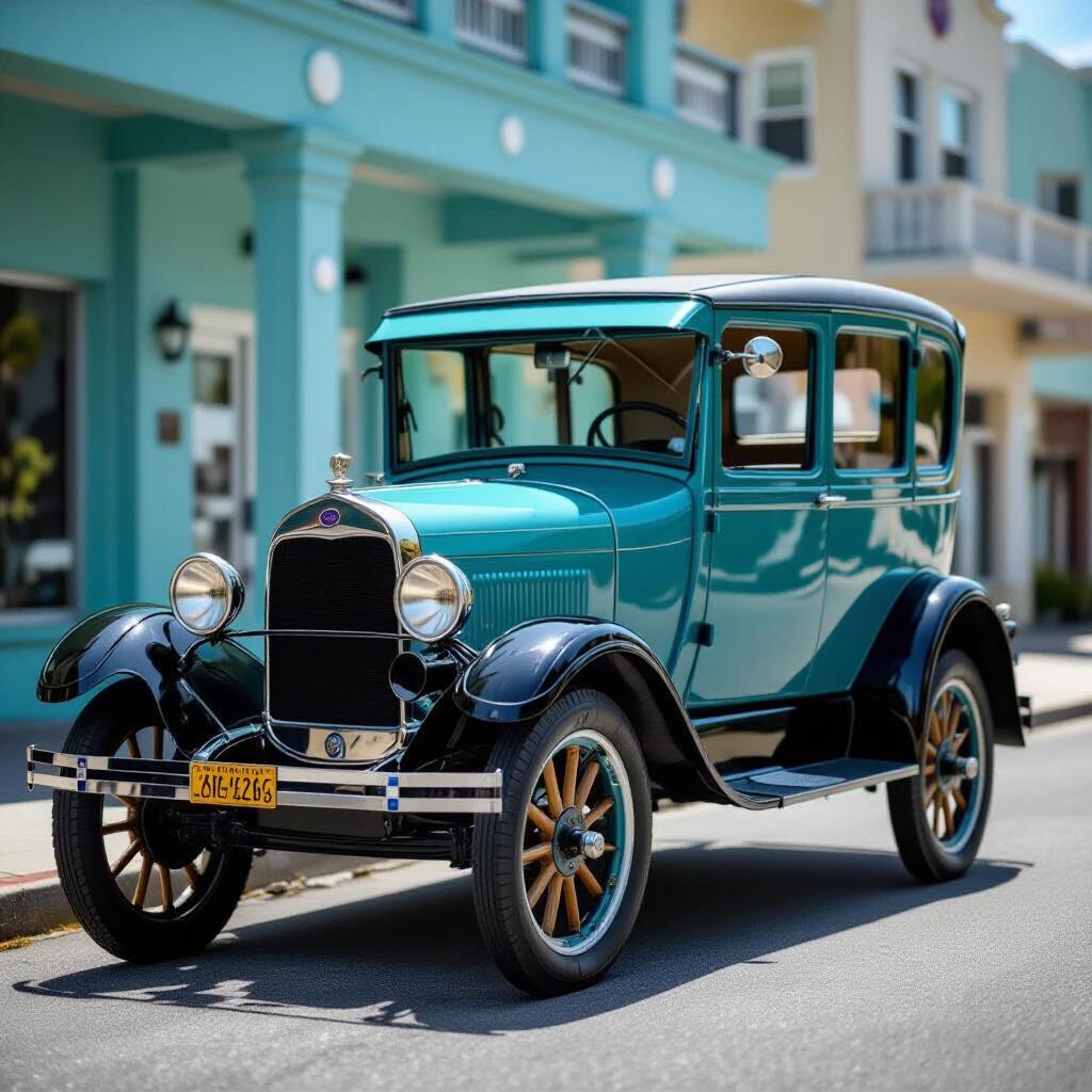 Ultra sharp archival shot of 1910 Ford T parked at Ocean Coast. The car features turquoise paint and occupies 90 percent of the frame. Background includes turquoise ocean waves crashing against cliffs. No license plate. No humans present.