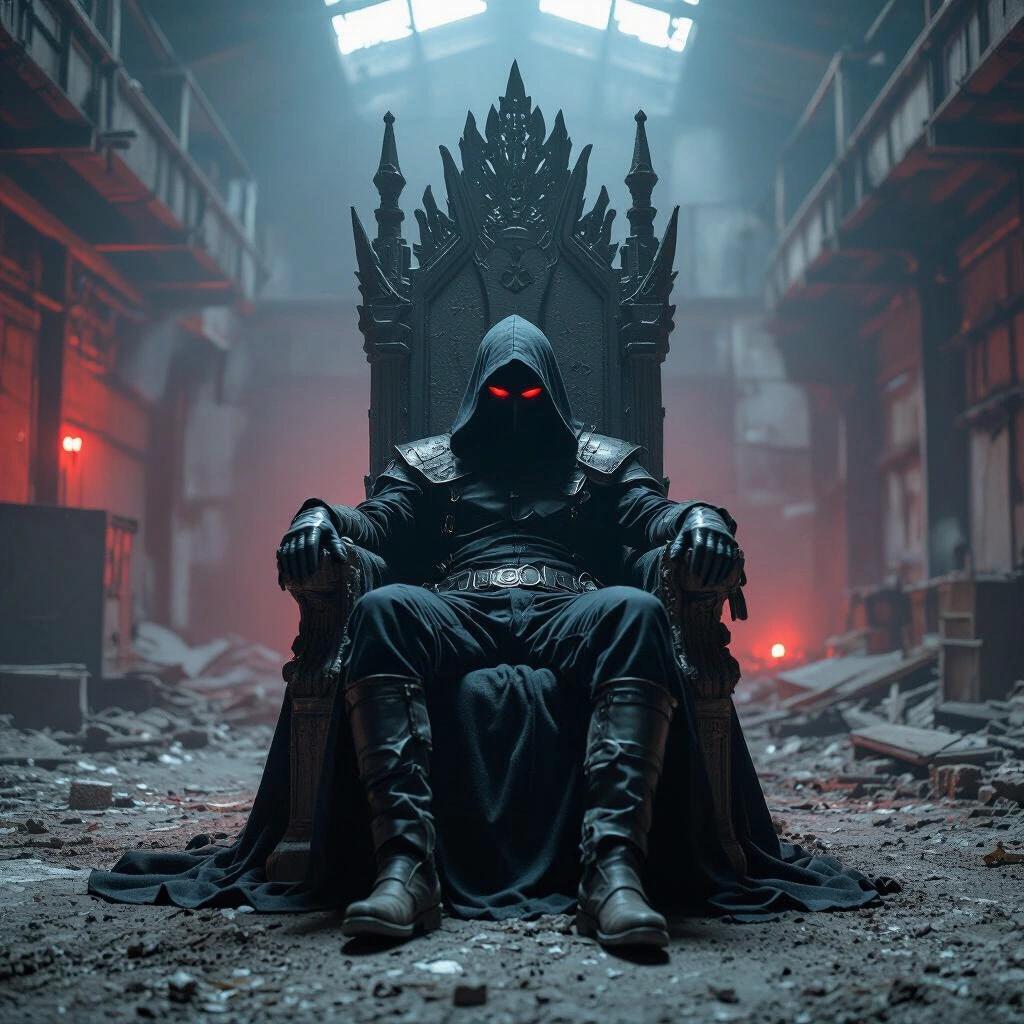 Portrait of a masked figure lounging on a crumbling throne in a dark warehouse with ambient red and blue lighting