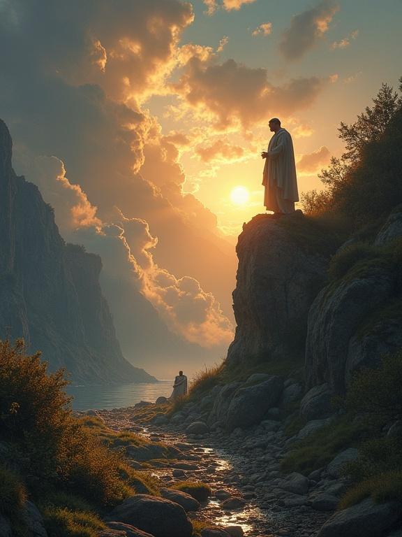 Dramatic landscape with two figures. One standing on a rock and other seated. Hidden in shadows while sun rises. Symbolizes principles and guidance.